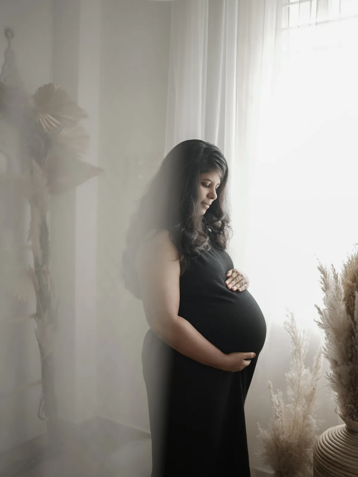 A woman in a black dress cradles her bump beside a bright sheer-curtained window, framed by dried pampas grass and soft haze.